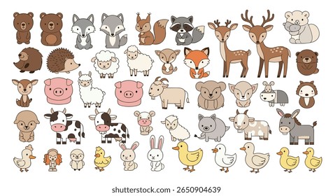 Charming pixel art forest animals and farm barnyard creatures collection