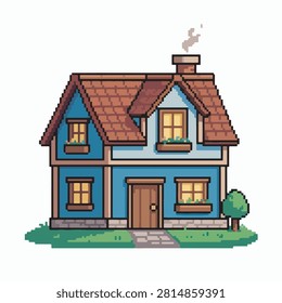 A charming pixel art illustration of a blue two-story house with a red tiled roof, featuring windows, a wooden door, and a small tree.