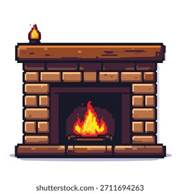 Una encantadora ilustración de pixel art de una chimenea de ladrillo con un fuego cálido y brillante en el interior. El diseño cuenta con detalles de ladrillo y una repisa de madera, que evoca un ambiente acogedor.