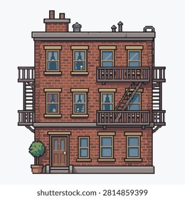 A charming pixel art illustration of a brick apartment building featuring balconies and a prominent fire escape.