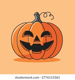 A charming pixel art illustration of a classic Halloween jack o' lantern centered against a soft orange backdrop. The pumpkin features a friendly, carved face with triangular eyes, a smiling mouth