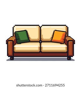 Una encantadora ilustración de pixel art de un cómodo sofá con dos cojines de colores, perfecto para un espacio acogedor.