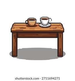 Una encantadora ilustración de pixel art con dos tazas de café descansando sobre una simple mesa de madera, perfecta para temas de juegos retro.