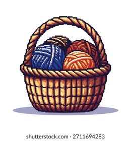 Uma ilustração de arte de pixel encantador com uma cesta tecida preenchida com várias bolas de fio coloridas, perfeito para temas de artesanato e hobby.