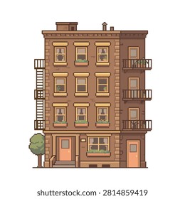A charming pixel art illustration of a multi-story apartment building with a fire escape and balconies.