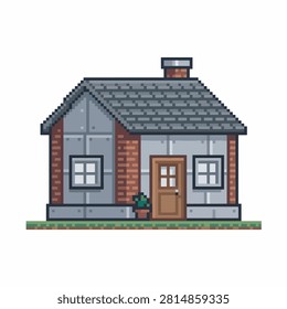 A charming pixel art illustration of a small house featuring a brick facade, metal siding, a pitched roof, a chimney, and a small potted plant by the door.