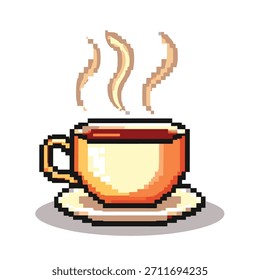 Una encantadora ilustración de pixel art de una taza humeante de bebida caliente, perfecta para temas de juegos retro o diseños digitales.