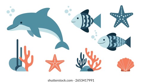 Charming pixel art illustration of a vibrant underwater marine life scene featuring playful dolphins starfish coral reefs and tropical fish in a serene ocean environment