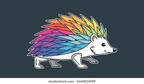 Ilustração de arte de pixel encantadora de um ouriço branco com espinhos coloridos de arco-íris caminhando alegremente através de um fundo azul escuro em um estilo divertido e vibrante