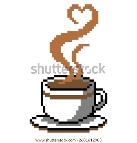 A charming pixel art illustration of a white coffee cup with a saucer, releasing steam in the shape of a heart. Perfect for Valentine’s Day, love-themed designs, or all business.