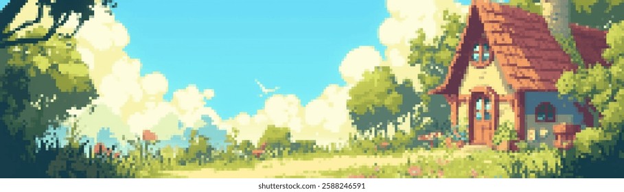 A charming pixel art landscape featuring a cozy cottage surrounded by lush greenery and flowers. The sky is bright with fluffy clouds and a distant bird in flight, creating a serene 