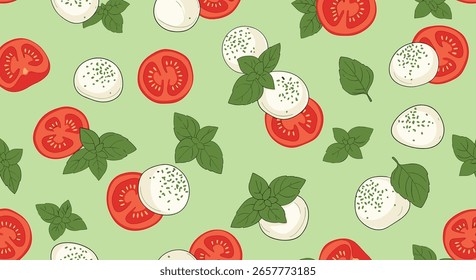 A charming pixel art pattern featuring fresh tomatoes mozzarella balls and green basil leaves on a light green background