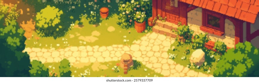 A charming pixel art scene depicting a quaint house surrounded by lush greenery and colorful flowers. A stone pathway leads to the house, with decorative pots and a serene atmosphere.