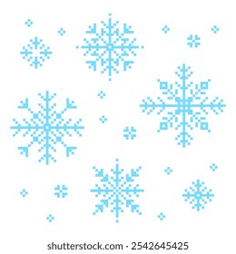 A charming pixel art set featuring various snowflake icons in crisp white and icy blue tones. Perfect for winter themes, digital projects, and festive designs.
