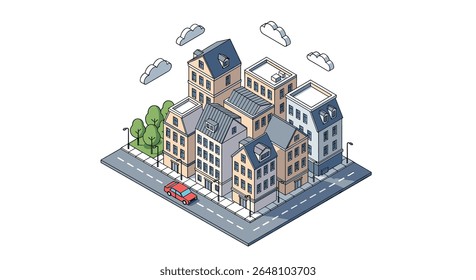 Charme Pixel Art Townscape com um carro vermelho dirigindo na rua