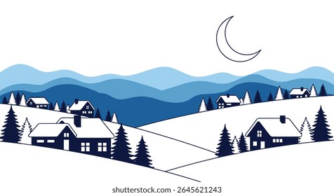 Encantador Pixel Art Vila de inverno sob uma lua crescente