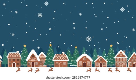 Charming pixel art winter village scene with falling snow and festive christmas trees adorning gingerbread houses and reindeer frolicking in the snowy landscape