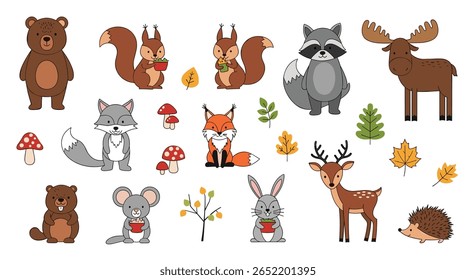 Encantador pixel arte criaturas da floresta e coleção de folhagem de outono para desenhos de crianças