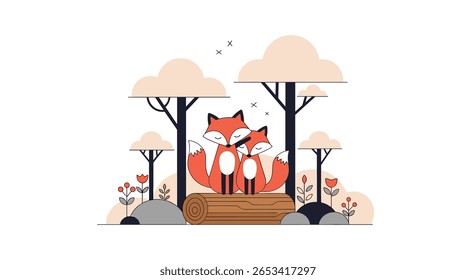 Charming pixelated forest scene featuring two adorable foxes embracing each other on a log surrounded by trees and flowers