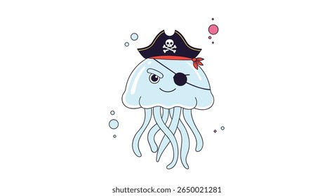A charming pixelated jellyfish dressed as a pirate with an eyepatch and a jolly roger hat navigating the ocean