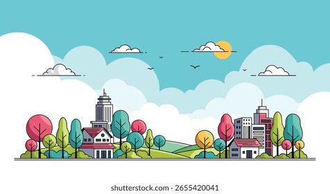Charming Pixelated Townscape with Lush Greenery Under a Bright Sunny Sky