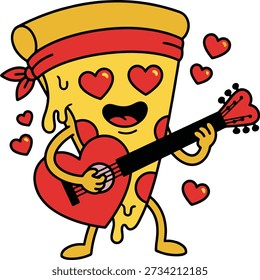 A charming pizza slice character plays guitar surrounded by hearts on transparent background high quality professional detailed modern elegant stylish clean crisp vibrant colorful digital creative