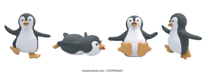 Charming playful 3d vector cartoon penguin character in dynamic action poses. The penguin waddles, slides on its belly and back, runs and interacts with joyful expressions. Isolated winter design.