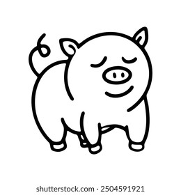 A charming and playful black-and-white outline of a happy pig with a curled tail.