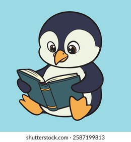 A charming and playful cartoon illustration of a baby penguin sitting and reading a book.