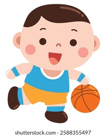 A charming and playful cartoon illustration of a young boy dribbling a basketball. He is dressed in a sporty blue and orange uniform, showing excitement and energy.