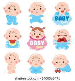 A charming and playful cartoon-style illustration featuring babies in various moods and activities.