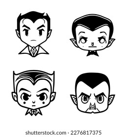 Charming and playful collection of Hand drawn line art illustrations featuring cute Dracula heads, perfect for Halloween or any occasion