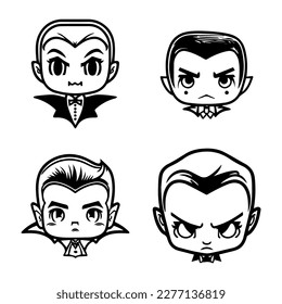 Charming and playful collection of Hand drawn line art illustrations featuring cute Dracula heads, perfect for Halloween or any occasion