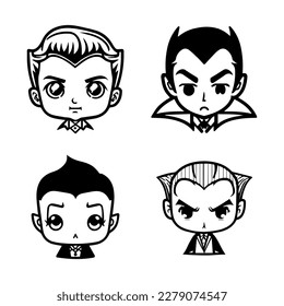 Charming and playful collection of Hand drawn line art illustrations featuring cute Dracula heads, perfect for Halloween or any occasion