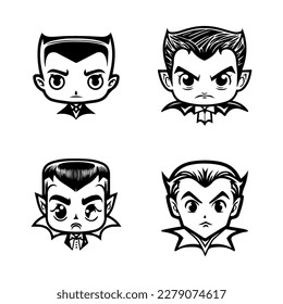 Charming and playful collection of Hand drawn line art illustrations featuring cute Dracula heads, perfect for Halloween or any occasion