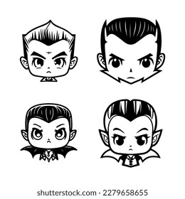 Charming and playful collection of Hand drawn line art illustrations featuring cute Dracula heads, perfect for Halloween or any occasion