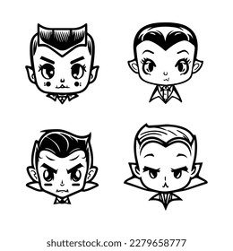 Charming and playful collection of Hand drawn line art illustrations featuring cute Dracula heads, perfect for Halloween or any occasion