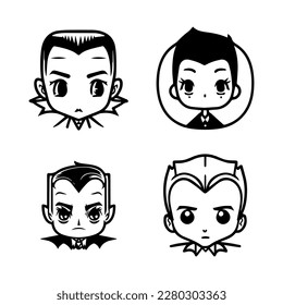 Charming and playful collection of Hand drawn line art illustrations featuring cute Dracula heads, perfect for Halloween or any occasion
