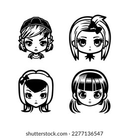 Charming and playful Hand drawn kawaii gangster girl collection set, featuring cute and quirky line art illustrations with a hint of attitude