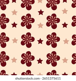 A charming and playful pattern featuring flowers and stars in warm tones of burgundy and beige. This delightful design is ideal for textiles, wallpapers, or decorative crafts.