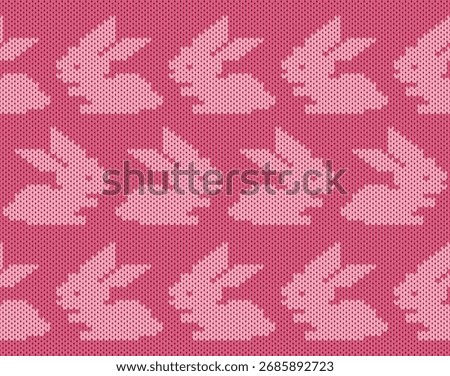 Charming and playful seamless knitting pattern featuring repeat motifs of a hopping rabbit. The design uses two shades of pink, perfect for children's fashion, Easter themes, or crafting projects.