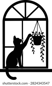 A charming and playful silhouette design showcasing a curious black cat sitting on an arched window sill, reaching up to touch a beautiful hanging potted plant with trailing vines. This elegant, high-contrast minimalist illustration captures a classic feline moment