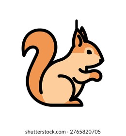Charming and playful vector illustration of a cartoon squirrel sitting on its hind legs, perfect for children's books, educational materials, logos, and whimsical design projects. Bright and clean style ideal for print, web, and branding.