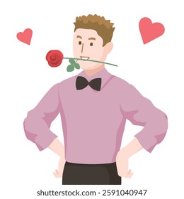 A charming and playful vector illustration featuring a confident man dressed in a pink shirt and black bow tie, holding a red rose in his mouth