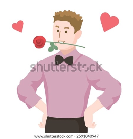 A charming and playful vector illustration featuring a confident man dressed in a pink shirt and black bow tie, holding a red rose in his mouth
