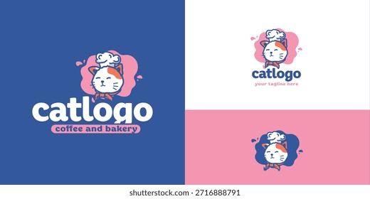 Un logo de Vector encantador y juguetón con un lindo gato de dibujos animados con un sombrero de chef y una bandana. Este diseño minimalista es perfecto para cafeterías, panaderías o cualquier negocio culinario.