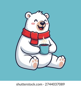 Charming polar bear in a red scarf sips a steaming cup of coffee, exuding warmth and coziness on a chilly day