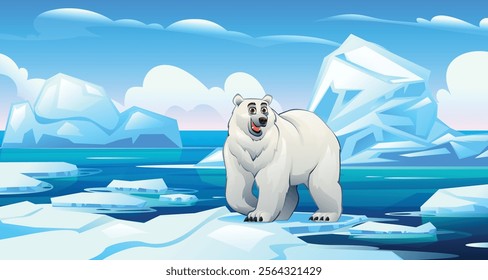 Charming polar bear standing on Arctic ice surrounded by icebergs under a sunny sky. Vector cartoon illustration