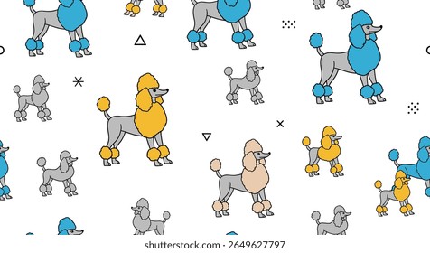 Charming poodle pattern featuring various sizes and vibrant colors for a playful and stylish design