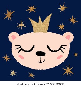 Charming portrait of white bear cub in golden crown with closed eyes and a smile on the background of the night sky with sparkling stars. Vector mimic illustration. Cartoon flat style, textured line